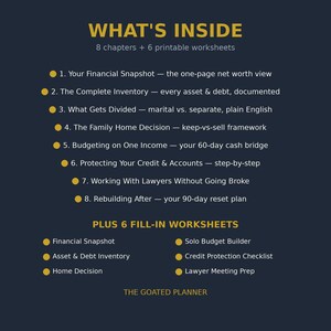 Peut inclure: Un graphique informatif bleu fonc&eacute; intitul&eacute; WHAT'S INSIDE listant 8 chapitres et 6 feuilles de travail imprimables. Le texte d&eacute;crit des sujets financiers incluant la valeur nette, l'inventaire des actifs, les biens matrimoniaux et le budget.