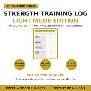 Op de afbeelding: Een digitaal krachttraining logboek in light mode met een dashboard voor trainingsvolume, persoonlijke records en lichaamsafmetingen. Bevat tekst voor 1RM-calculator, PR-logboek, volumetracker en metingen.