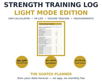 Strength Training Log Spreadsheet — Workout Tracker with 1RM Calculator, PR Log & Volume Tracker, Excel and Google Sheets