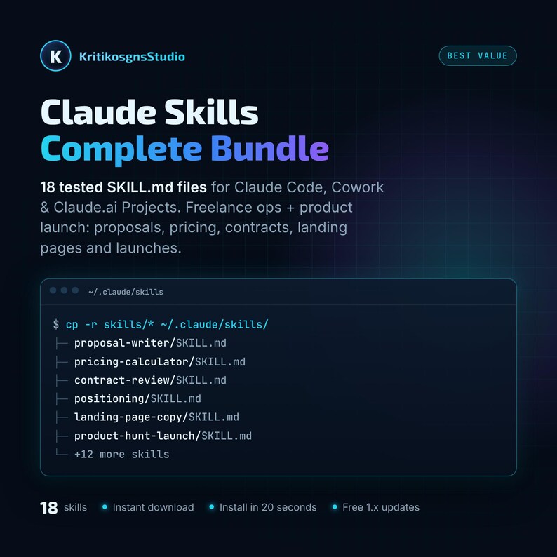 Claude Skills コンプリートバンドル | Claude Code AIエージェントスキル18種類 | SKILL.mdファイル | フリーランサー向けテンプレートと製品ローンチテンプレート | 即時ダウンロード 画像 1