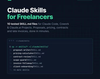 May include: A digital graphic featuring the text Runbook Lab and Claude Skills for Freelancers. It lists 10 tested SKILL.md files including proposal-writer, pricing-calculator, contract-review, scope-guard, invoice-followup, and client-onboarding.