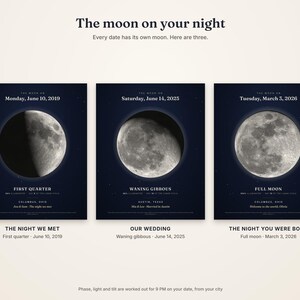 May include: Three dark blue posters titled The moon on your night, each displaying a specific lunar phase for a date and location. The prints feature detailed moon illustrations, dates, lunar cycle information, and personalised text.