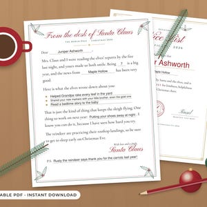 May include: A personalised letter from Santa Claus with red text and holly accents, addressed to Juniper Ashworth. The document includes fillable fields for age and location, a list of accomplishments, and a signature from Santa Claus, accompanied by a red mug.