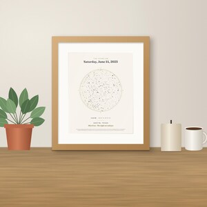 May include: A framed star map print in a light wood frame featuring a circular constellation chart, the text Saturday, June 14, 2025, and Austin, Texas. The print is displayed alongside a potted green plant, a candle, and a white mug.