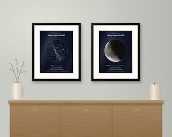 May include: Two framed wall prints featuring dark blue backgrounds. The left print displays a star map with the text Friday, August 13, 2025, Flagstaff, Arizona. The right print shows a moon phase with the text Friday, August 13, 2025, Flagstaff, Arizona.