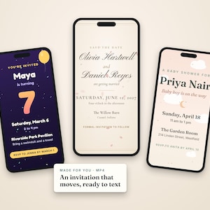 May include: Three smartphones displaying digital invitation templates. The left screen shows a dark purple birthday invite for Maya. The centre screen shows a cream-coloured wedding invite for Olivia and Daniel. The right screen shows a light pink baby shower invite for Priya Nair.