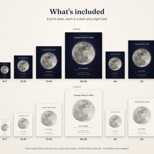 May include: A collection of moon phase prints featuring NASA imagery. The set includes six sizes in dark navy and light cream backgrounds, labelled with the date Tuesday, March 3, 2026, and the text Full Moon. Sizes include 5x7, 8x10, 11x14, 16x20, A4, and A3.