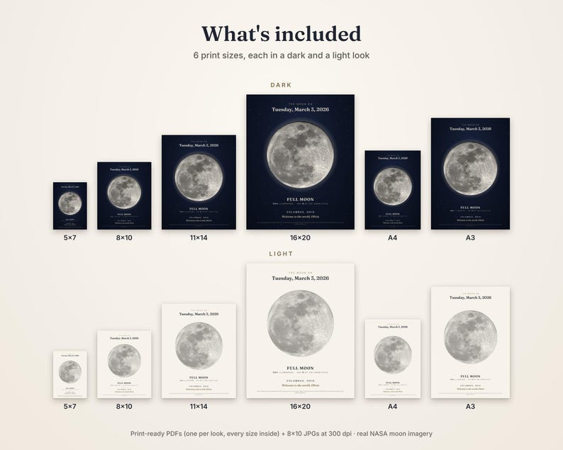 May include: A collection of moon phase prints featuring NASA imagery. The set includes six sizes in dark navy and light cream backgrounds, labelled with the date Tuesday, March 3, 2026, and the text Full Moon. Sizes include 5x7, 8x10, 11x14, 16x20, A4, and A3.