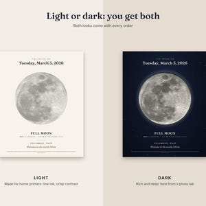 May include: Two posters showing the moon on Tuesday, March 3, 2026. One poster has a light cream background, the other a dark navy background. Both feature a detailed moon image, the text 'FULL MOON', location 'COLUMBUS, OHIO', and 'Welcome to the world, Olivia'.