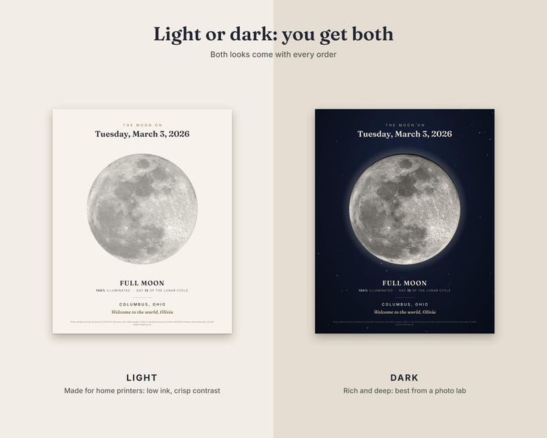 May include: Two posters showing the moon on Tuesday, March 3, 2026. One poster has a light cream background, the other a dark navy background. Both feature a detailed moon image, the text 'FULL MOON', location 'COLUMBUS, OHIO', and 'Welcome to the world, Olivia'.