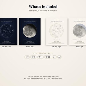 以下が含まれることがあります： 2025年6月14日土曜日のオースティン（テキサス州）の星図と月相を示す4つのデジタルプリント。各デザインのダークバージョンとライトバージョンが含まれています。サイズは5x7、8x10、11x14、16x20インチ、A4、A3から選択可能です。