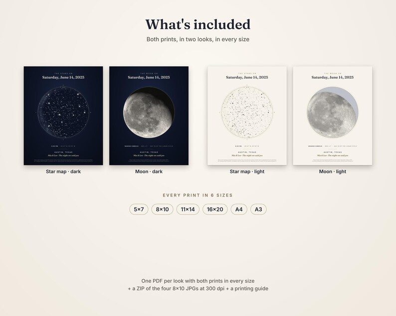 以下が含まれることがあります： 2025年6月14日土曜日のオースティン（テキサス州）の星図と月相を示す4つのデジタルプリント。各デザインのダークバージョンとライトバージョンが含まれています。サイズは5x7、8x10、11x14、16x20インチ、A4、A3から選択可能です。
