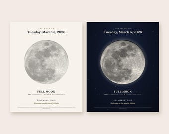 May include: Two rectangular posters featuring a full moon graphic. The text reads: The moon on Tuesday, March 3, 2026, Full Moon, 100% illuminated, day 15 of the lunar cycle, Columbus, Ohio, and Welcome to the world, Olivia. One poster has a cream background, the other a dark blue.