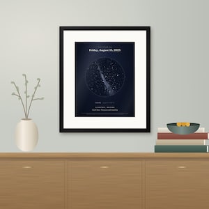 以下が含まれることがあります： 暗い青色の夜空と円形の星座グラフィック、"Friday, August 15, 2025"、"Flagstaff, Arizona"、"Ana & Sam - Ten years and counting"というテキストが描かれた、黒いフレームと白いマット付きの星図プリント。