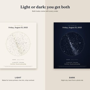 May include: Two star map prints featuring the text Light or dark: you get both. One print has a cream background with black stars, the other a dark navy background with white stars. Both display Friday, August 15, 2025, Flagstaff, Arizona.
