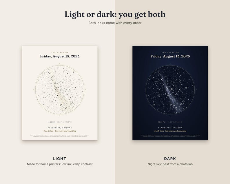 May include: Two star map prints featuring the text Light or dark: you get both. One print has a cream background with black stars, the other a dark navy background with white stars. Both display Friday, August 15, 2025, Flagstaff, Arizona.