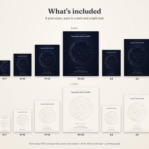 May include: A digital collection of star map prints labeled What's included, featuring 6 sizes in dark and light versions. Sizes include 5x7, 8x10, 11x14, 16x20 inches, A4, and A3. Each print displays the date Saturday, June 14, 2025, and Austin, Texas.