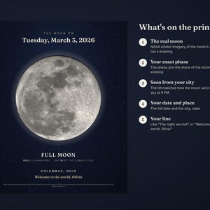 May include: A dark blue poster featuring a detailed lunar image with the text THE MOON ON Tuesday, March 3, 2026, FULL MOON, 100% ILLUMINATED, DAY 15 OF THE LUNAR CYCLE, COLUMBUS, OHIO, and Welcome to the world, Olivia, plus a list of five features.