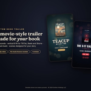 以下が含まれることがあります： カスタムブックトレーラーサービスのデジタル広告。テキスト：Custom Book Trailer, A movie-style trailer made for your book, 30 seconds, vertical 9:16, 1080p video。2台のスマートフォンの画面に本の表紙画像が表示されています。