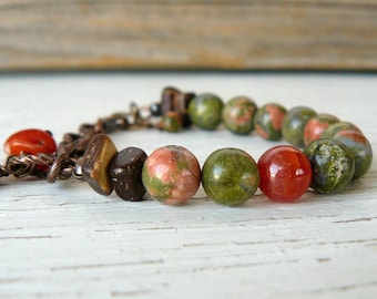 Unakite and Agate Bracelet, Boho Stone Bead Bracelet, Green and Copper Gemstone Bracelet, Southwestern Jewelry