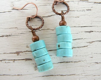 Turquoise Earrings, Turquoise Disks and Copper Hoop Dangles, Boho Stone Dangles, Aqua Howlite Drops, Southwestern Jewelry