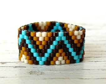 Cream, Turquoise and Brown Peyote Ring, Zig Zag Design Native American Inspired Beadwoven Band, Southwestern Jewelry, Made To Order