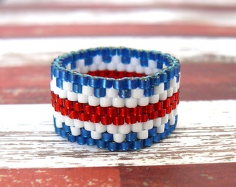 Americana Ring, Red, White, and Blue Peyote Ring, Patriotic Jewelry, Metal Free Beaded Band, Made To Order Ring