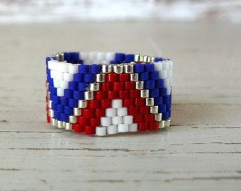 Red, White, and Blue Ring, Americana Ring, Peyote Ring, Beaded Band, Beadwoven Patriotic Jewelry, Metal Free, Made To Order