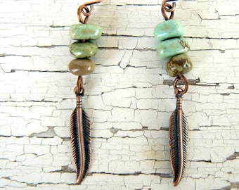 Turquoise and Copper Feather Earrings, Turquoise Chips and Feather Boho Earrings, Southwestern Jewelry, Boho Dangles