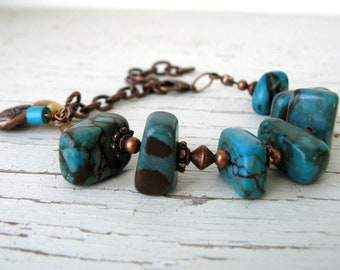 Chunky Turquoise and Brown Bracelet, Stone Nugget Bead Bracelet, Blue and Copper Gemstone Bracelet, Southwestern Jewelry