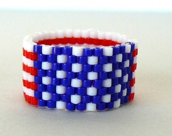 US Flag Ring, Red, White, and Blue Beaded Band, USA Patriotic Jewelry, American Flag, Memorial Day, Fourth of July Accessory