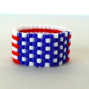 Red, White and Blue USA Flag Ring, Patriotic Beaded Band, American Flag, 4th of July Jewelry, Independence Day and Memorial Day Accessory