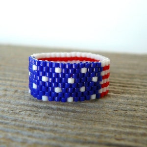 American Flag Ring, Red, White, and Blue Bead Ring, U.S. Flag Beaded Band, Patriotic Jewelry, Americana Ring, 4th of July Jewelry image 1