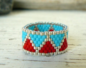 Red and Turquoise Beaded Ring Southwestern Jewelry Native American Inspired Bead Weaving ZigZag Beadwoven Band Custom Made Ring