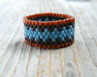 Brown and Teal Ring, Blue Grey and Sienna Peyote Ring, Ombre Brown Custom Size Beaded Band, Southwestern Jewelry