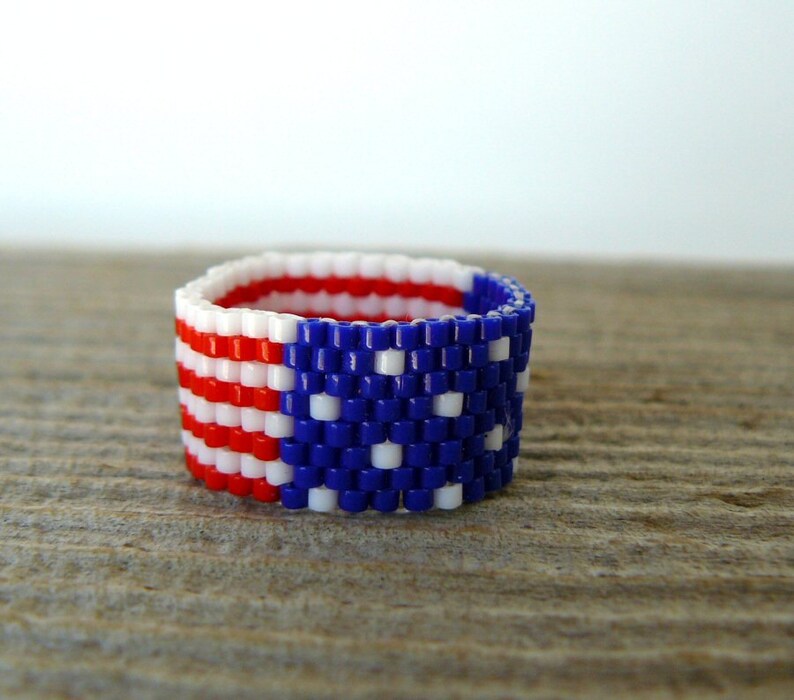 American Flag Ring, Red, White, and Blue Bead Ring, U.S. Flag Beaded Band, Patriotic Jewelry, Americana Ring, 4th of July Jewelry image 2