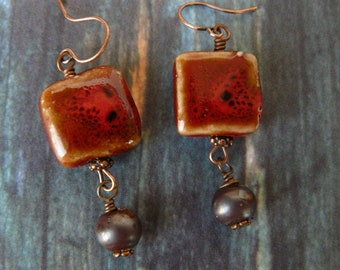 Rustic Boho Dangles, Copper and Brown Earrings, Ceramic Bead Earrings, Bohemian Style Jewelry, Boho Earrings