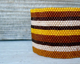 Brown Stripe Cuff Bracelet, Brown and Gold Beadwoven Cuff, Beige and Copper Boho Wide Bracelet, Bohemian Style, Metal Free Jewelry