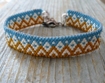 Narrow Southwestern Beaded Bracelet, Dark Mustard and Blue Cuff, Peyote Jewelry, Golden Brown and Teal