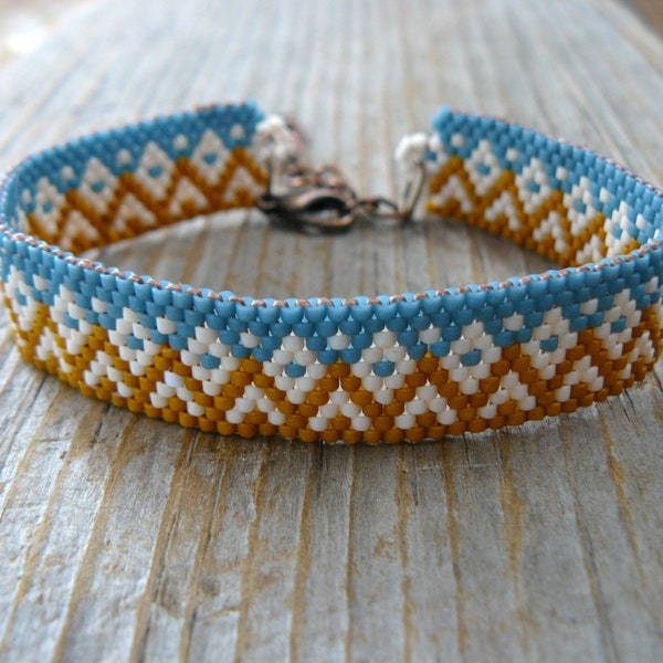 Narrow Southwestern Beaded Bracelet, Dark Mustard and Blue Cuff, Peyote Jewelry, Golden Brown and Teal