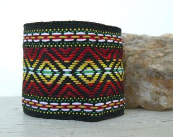 Wide Colorful Bracelet, Boho Textile Cuff, Ethnic Print Tapestry Bracelet, Multicolor Southwestern Print Cuff, Bohemian Style Jewelry
