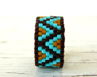 Turquoise and Brown Peyote Ring, Zig Zag Design Native American Inspired Beaded Band, Southwestern Jewelry, Beadwoven Band, Made To Order