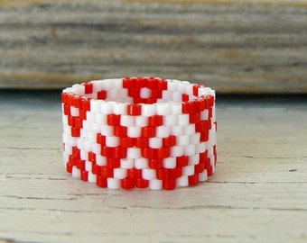 Red and White Ring, Tribal Pattern Beaded Ring, Native American Inspired Bead Band, Southwestern Jewelry, Custom Size Ring