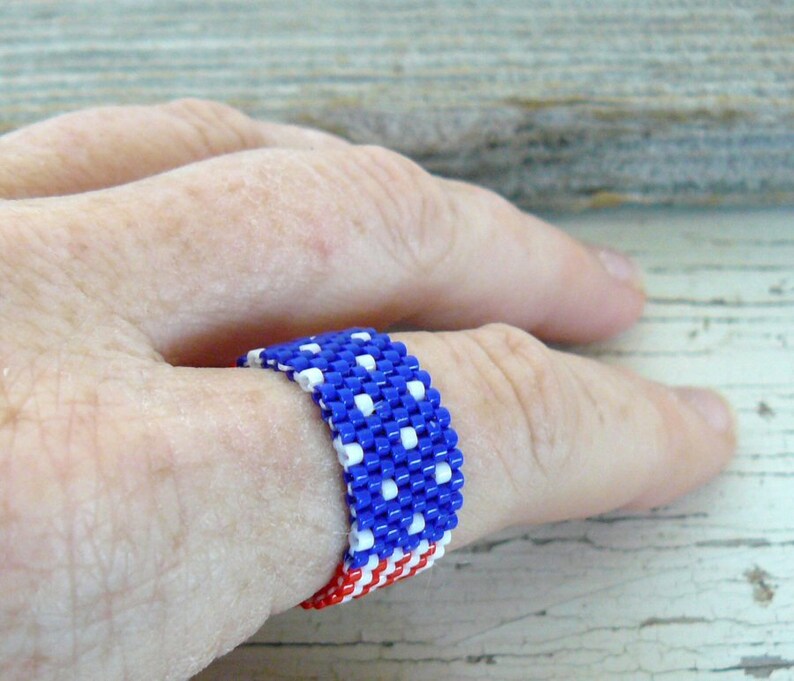 American Flag Ring, Red, White, and Blue Bead Ring, U.S. Flag Beaded Band, Patriotic Jewelry, Americana Ring, 4th of July Jewelry image 4