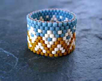 Dark Mustard and Teal Ring, Southwestern Beaded Band, Wide Pumpkin and Grey Blue Peyote Ring, Beadwoven Band