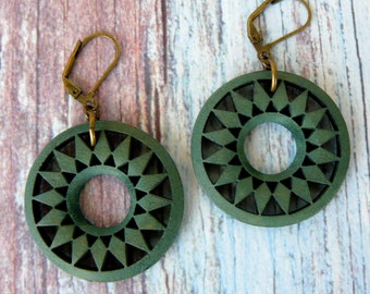 Teal Wood Mandala Earrings, Wooden Medallions, Large Blue Green Hoops, Boho Jewelry, Retro Festival Earrings