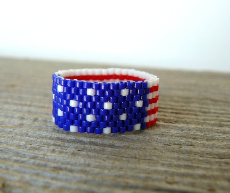 American Flag Ring, Red, White, and Blue Bead Ring, U.S. Flag Beaded Band, Patriotic Jewelry, Americana Ring, 4th of July Jewelry image 1