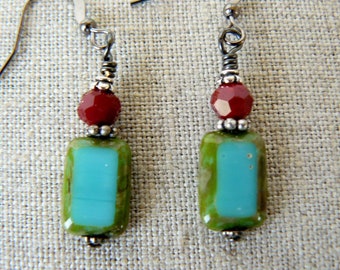 Aqua and Red Earrings, Boho Dangles, Turquoise Picasso Tablets, Simple Bohemian Style Earrings, Glass Bead Jewelry