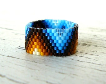 Multi Colored Beaded Ring Native American Inspired Southwestern Jewelry Brown and Blue Ombre ZigZag Bead Weaving Made To Order