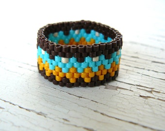 Brown and Aqua Peyote Ring, Turquoise and Squash Native Inspired Zig Zag Pattern Beaded Band, Made to Order Southwestern Jewelry